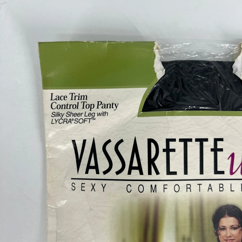 Vintage Vassarette Woman Black Lace Trim Control Top Silky Sheer Hosiery BB 7220